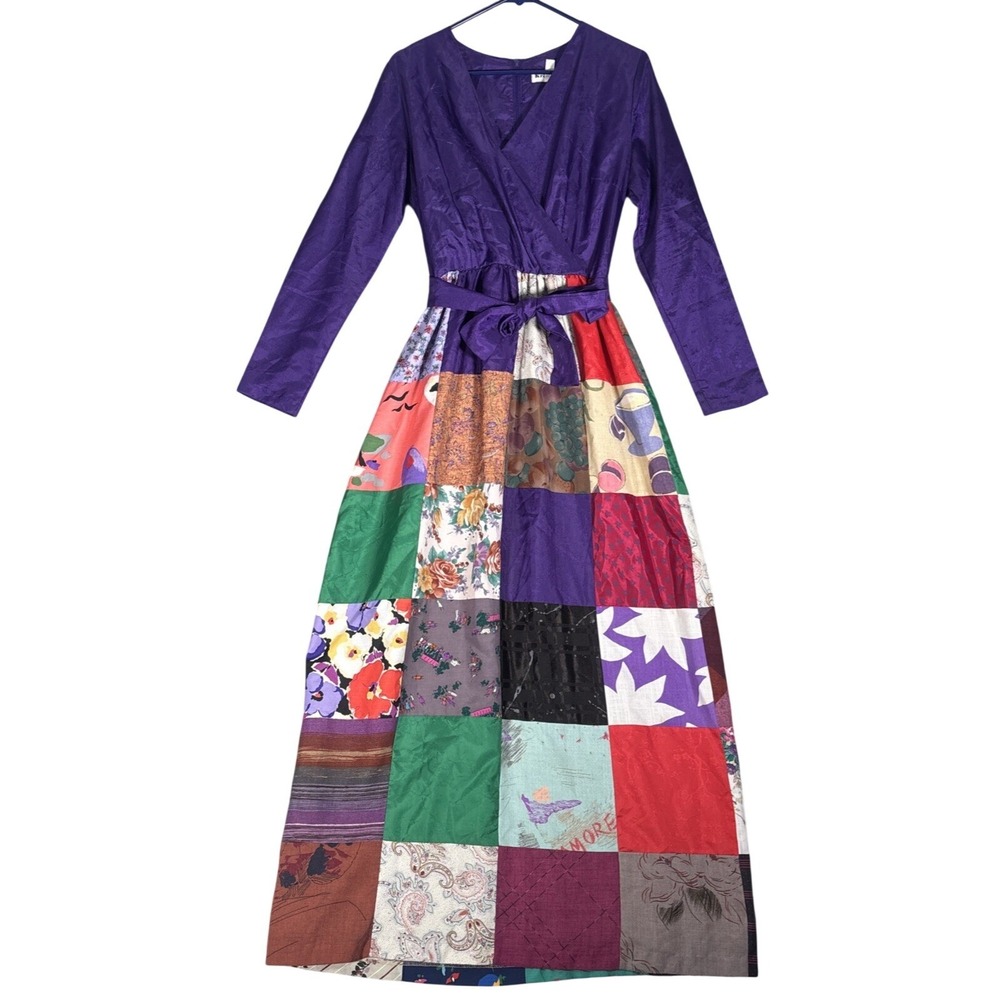 Vintage Krist Gudnason California Patchwork Maxi Dress Purple Jacquard Bohemian